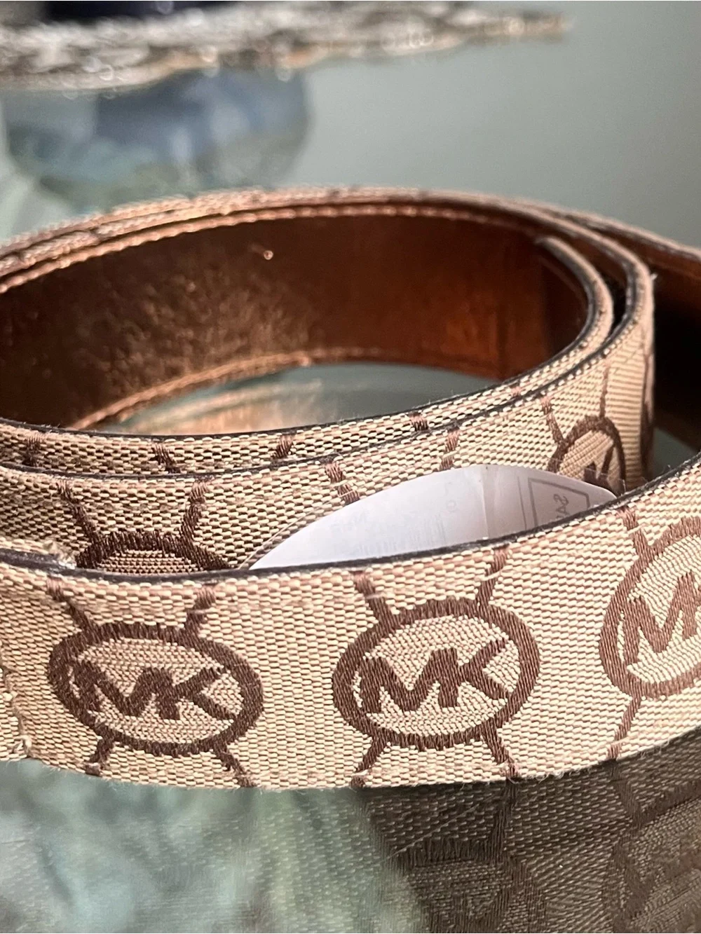 Michael Kors Brown Signature Logo Belt with Gold Buckle, size Large